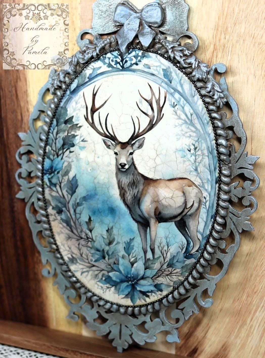 Handcrafted, Mixed Media, Shabby Chic, Decoupage, Plaque, Panel, Christmas, Blue Stag, Plaque, Vintage Style, Antique Style, Laser Cut MDF