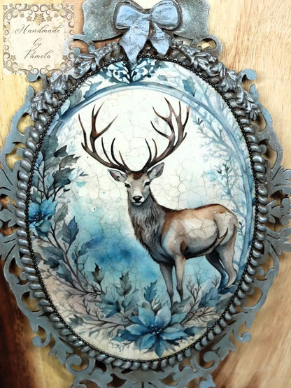 Handcrafted, Mixed Media, Shabby Chic, Decoupage, Plaque, Panel, Christmas, Blue Stag, Plaque, Vintage Style, Antique Style, Laser Cut MDF Handmade by Pamela