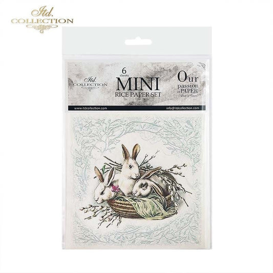 ITD Collection Rice Paper Mini Set for Decoupage RSM070, 6 sheets of rice paper 14,8x14,8 cm, Easter, Bunnies, Eggs, Rabbits, Spring