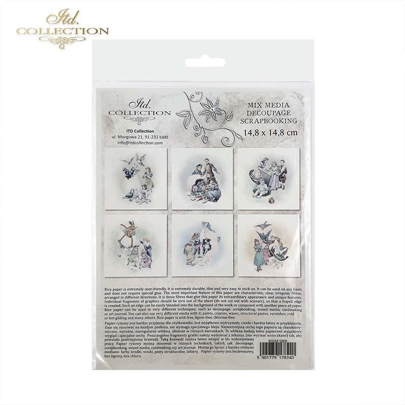 ITD Collection Rice Paper Mini Set for Decoupage RSM069, 6 sheets of rice paper 14,8x14,8 cm, Easter, Birds, Children, Vintage Style, Eggs