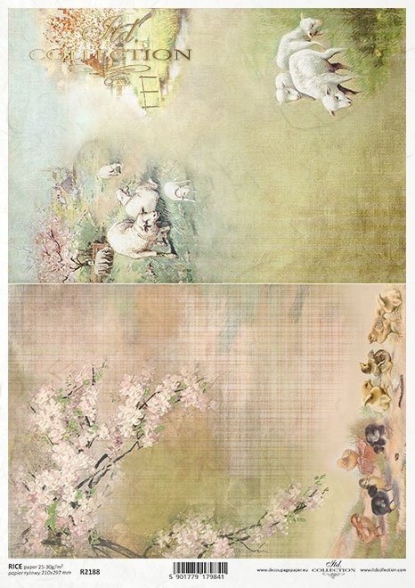 ITD Collection Rice Paper for Decoupage R2188, Size A4 210x297 mm, 8.27x11.7 inch, Spring, Flowers, landscape, sheep, Grass, Chics