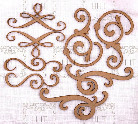 Laser Cut MDF, Blank, Base, Decoupage, Mixed Media, Vintage Style, Flourishes, 8 pc set, Embellishments, Decorations, Accents, pieces