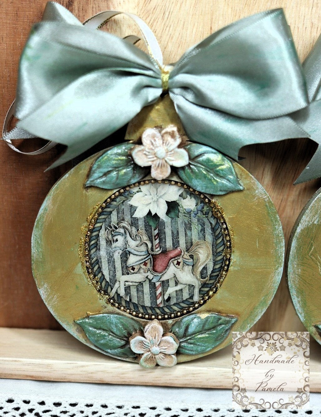 Handcrafted, Carousel Horses, Christmas Ornament Set 2, Decoupage, Mixed Media, Vintage Style Ornaments, Gold, Green, Handmade by Pamela