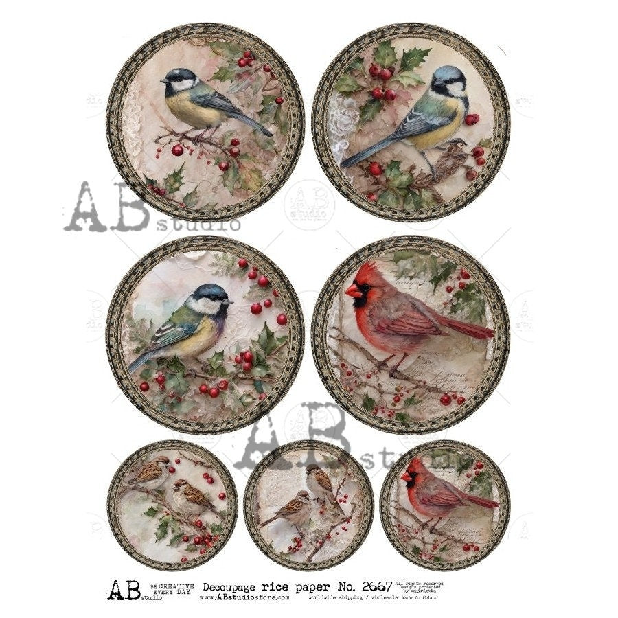 AB Studio, Rice Paper, Shabby Chic, Christmas, Blue Birds, Cardinals, Ornaments, Circles, ID-2668, Ornaments, A4 8.27x11.69 Decoupage