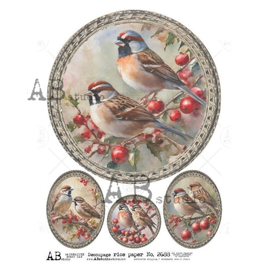 AB Studio, Rice Paper, Shabby Chic, Christmas, Birds, Holly, Berries, Decorations, Circles, Ornaments, ID-2688, A4 8.27x11.69 Decoupage