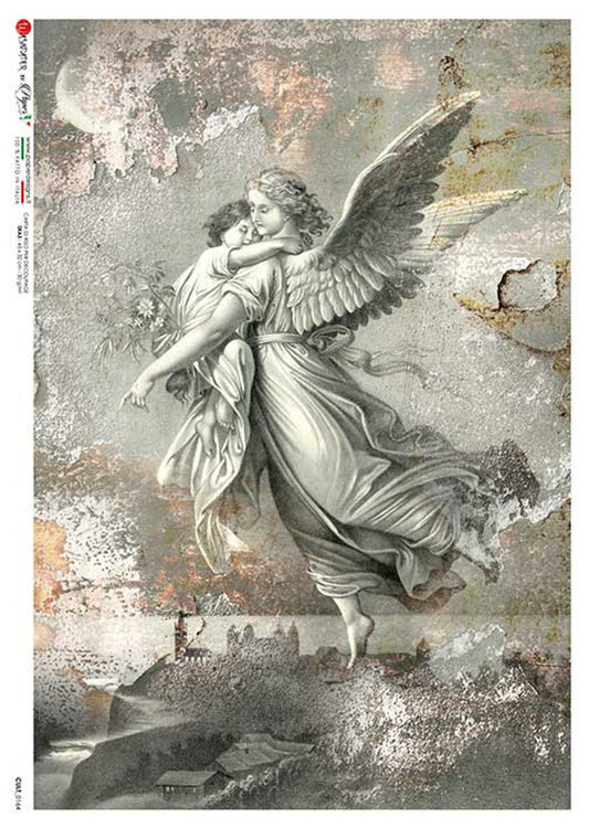 Paper Designs, Rice Paper, Decoupage, Celestial Angel 1, Watching, Angel carrying Baby, CULT-0164, Shabby Chic, Vintage Style, A4, Italian