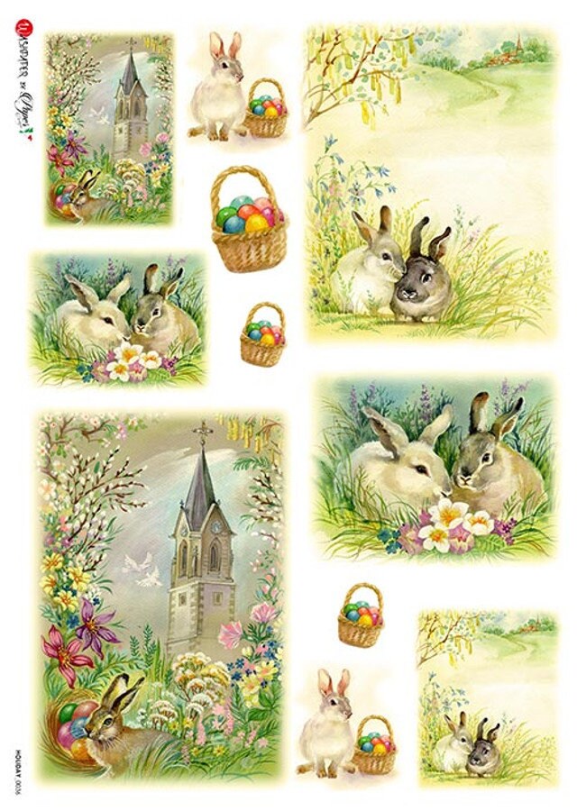 Paper Designs, Holiday, Easter Scenes, Easter Rabbits, Bunnies, Baskets, Easter Eggs, Church, 0036 A4, 8.3" X 11.7" Rice Paper, Decoupage