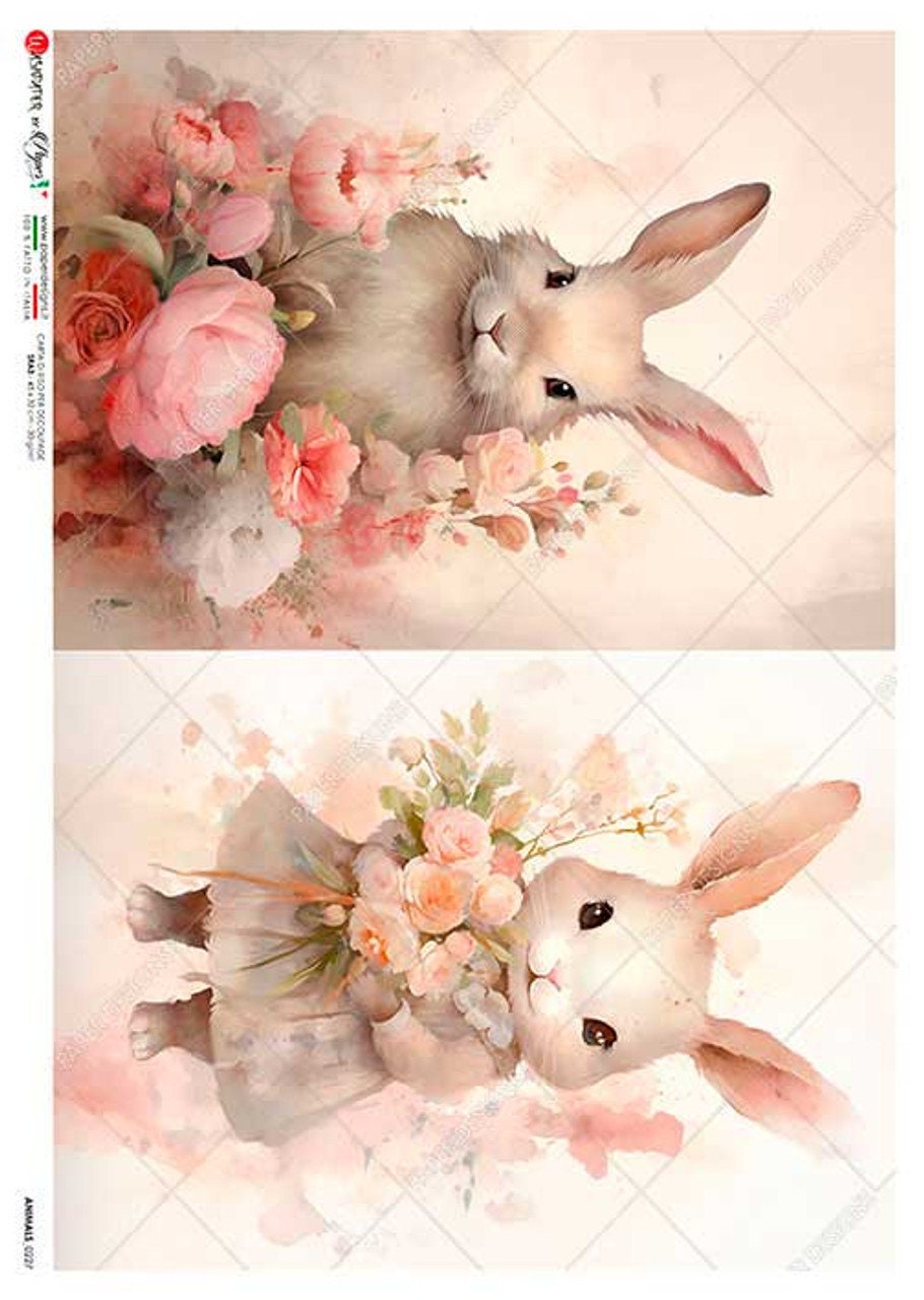 Paper Designs, Rice Paper, Easter Rabbits, Spring, Floral Bunnies, Cards, Squares, Roses, 0227 A4, 8.3 X 11.7 Decoupage, Mixed Media