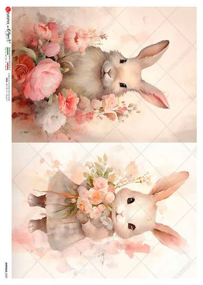 Paper Designs, Rice Paper, Easter Rabbits, Spring, Floral Bunnies, Cards, Squares, Roses, 0227 A4, 8.3 X 11.7 Decoupage, Mixed Media Paper Designs