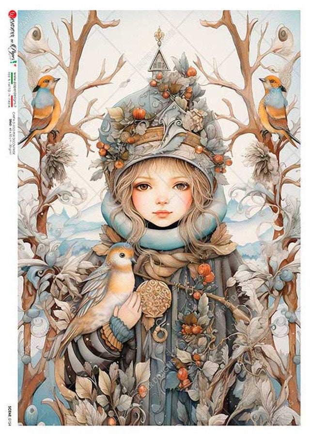 Paper Designs, 2023 Release, Winter, Girl, Woods, Forest, Friends, Shabby Chic, Rice Paper, Decoupage, Mixed  Media, 0154, A4 8.3" X 11.7