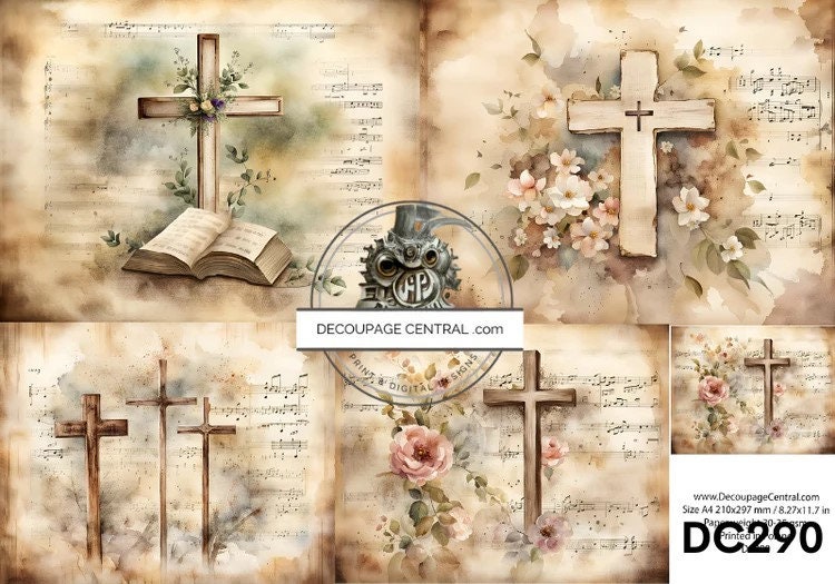 Decoupage Central, Rice Paper, Easter, Vintage, Parchment, Flowers, Roses, Cross, Squares, Shabby Chic, DC290,  Mixed Media, A4 8.27x11.69