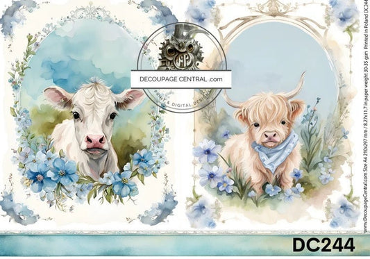 Decoupage Central, Rice Paper, Easter, Vintage, Spring, Baby, Cows, Blue, Flowers in Frames, Shabby Chic, DC244,  Mixed Media, A4 8.27x11.69