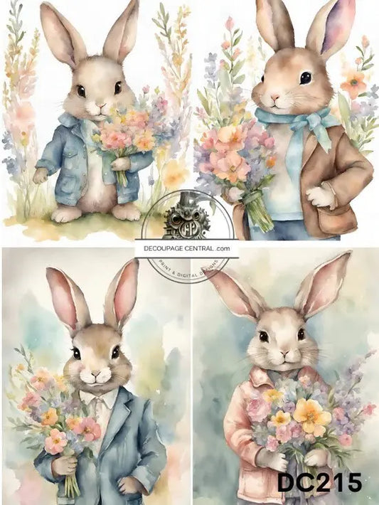 Decoupage Central, Rice Paper, Easter, Bunnies, Rabbits, Flowers, Dressed for Easter, Shabby Chic, DC215,  Mixed Media, A4 8.27x11.69 Decoupage Central
