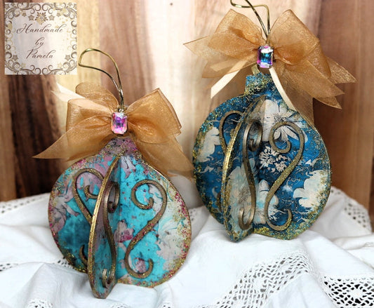 Handcrafted, Shabby Chic, Mixed Media, Decoupage 3D Ornament Set, Christmas, MDF, Gold, Glitter, Blue, Mixed Media, Baubles, 3 Dimensional