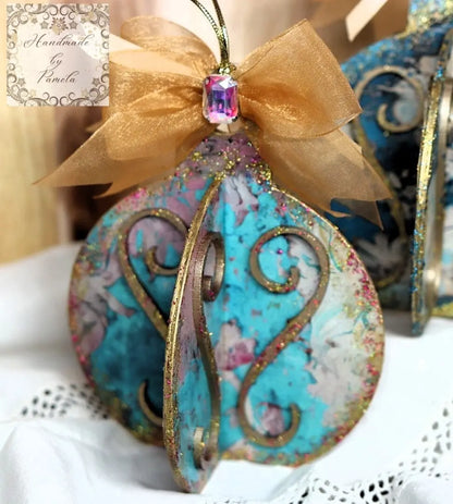 Handcrafted, Shabby Chic, Mixed Media, Decoupage 3D Ornament, Christmas, MDF, Gold, Glitter, Blue, Mixed Media, Baubles, 3 Dimensional Handmade by Pamela