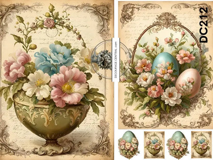 Decoupage Central, Rice Paper, Vintage, Easter, Baskets, Golden Urn, Flowers, Eggs, Shabby Chic, DC212,  Mixed Media, A4 8.27x11.69 Decoupage Central