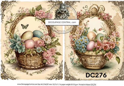 Decoupage Central, Rice Paper, Easter, Vintage, Spring, Baskets, Eggs, Antique Style,  Shabby Chic, DC276,  Mixed Media, A4 8.27x11.69 Decoupage Central