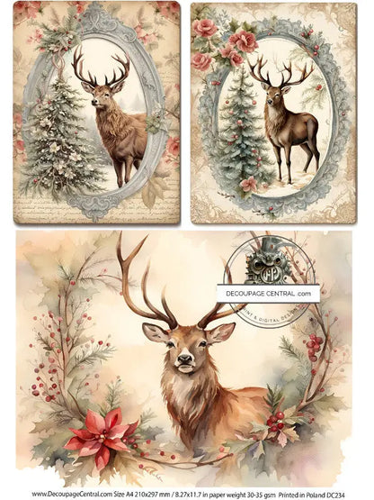 Handcrafted, MDF Decoupage, Christmas Ornament, Shabby Chic, Mixed Media, Vintage Style, Stag, Deer, Tree,  Antique Style, Victorian Style Handmade by Pamela