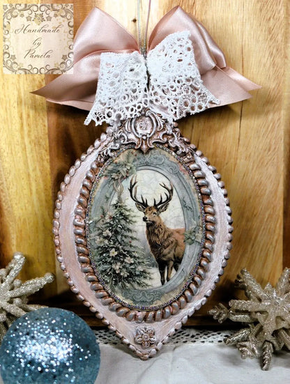 Handcrafted, MDF Decoupage, Christmas Ornament, Shabby Chic, Mixed Media, Vintage Style, Stag, Deer, Tree,  Antique Style, Victorian Style Handmade by Pamela