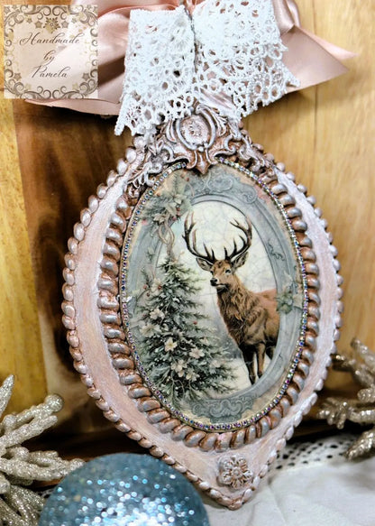 Handcrafted, MDF Decoupage, Christmas Ornament, Shabby Chic, Mixed Media, Vintage Style, Stag, Deer, Tree,  Antique Style, Victorian Style Handmade by Pamela