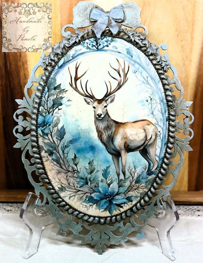 Handcrafted, Mixed Media, Shabby Chic, Decoupage, Plaque, Panel, Christmas, Blue Stag, Plaque, Vintage Style, Antique Style, Laser Cut MDF Handmade by Pamela