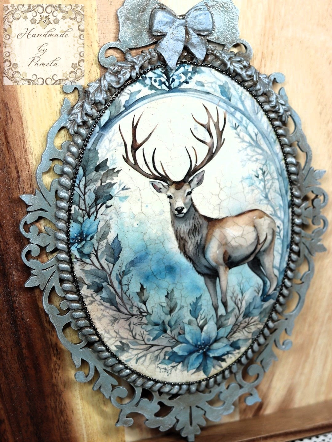 Handcrafted, Mixed Media, Shabby Chic, Decoupage, Plaque, Panel, Christmas, Blue Stag, Plaque, Vintage Style, Antique Style, Laser Cut MDF