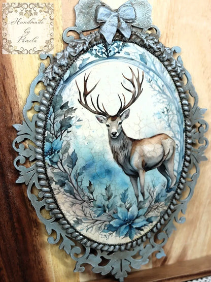 Handcrafted, Mixed Media, Shabby Chic, Decoupage, Plaque, Panel, Christmas, Blue Stag, Plaque, Vintage Style, Antique Style, Laser Cut MDF Handmade by Pamela