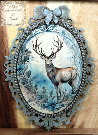 Handcrafted, Mixed Media, Shabby Chic, Decoupage, Plaque, Panel, Christmas, Blue Stag, Plaque, Vintage Style, Antique Style, Laser Cut MDF Handmade by Pamela