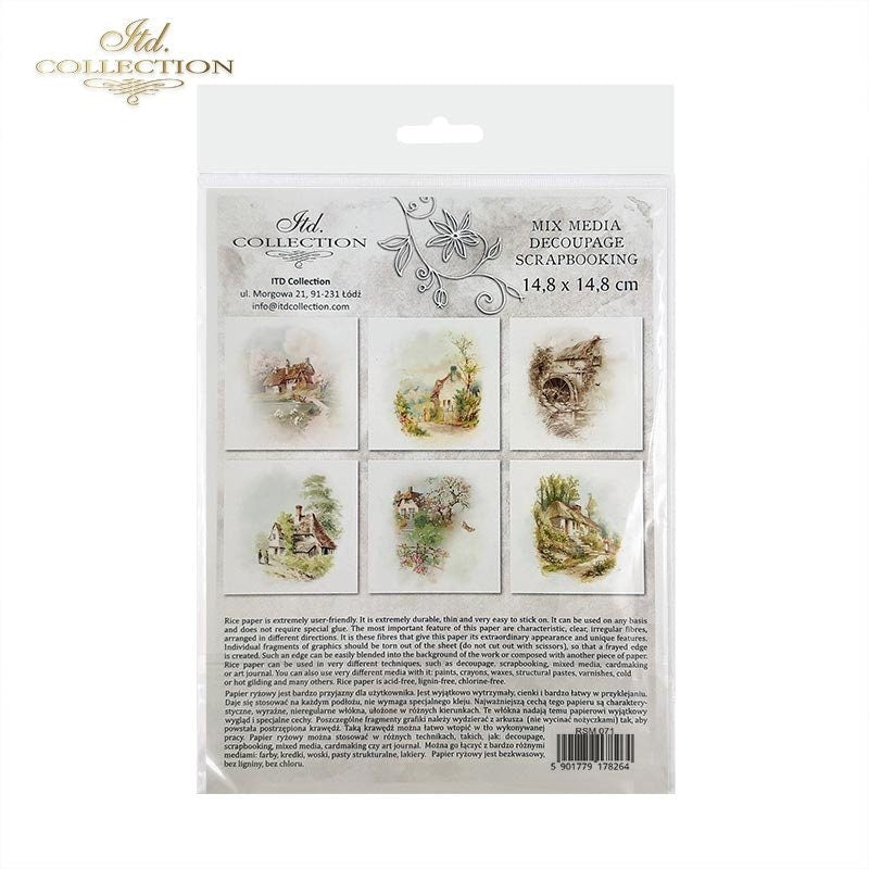 ITD Collection Rice Paper Mini Set for Decoupage RSM071, 6 sheets of rice paper 14,8x14,8 cm, Farm, Country Houses, Cottages, Landscapes