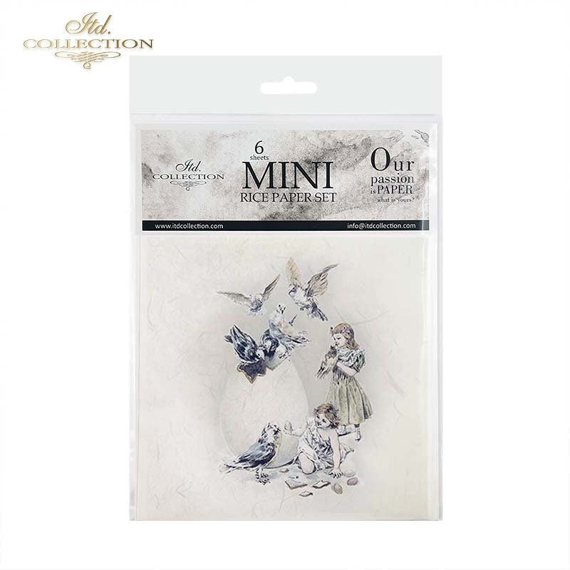 ITD Collection Rice Paper Mini Set for Decoupage RSM069, 6 sheets of rice paper 14,8x14,8 cm, Easter, Birds, Children, Vintage Style, Eggs