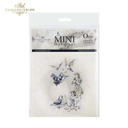 ITD Collection Rice Paper Mini Set for Decoupage RSM069, 6 sheets of rice paper 14,8x14,8 cm, Easter, Birds, Children, Vintage Style, Eggs ITD Collection