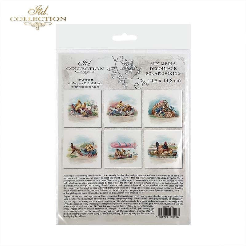 ITD Collection Rice Paper Mini Set Decoupage RSM067, 6 sheets of rice paper 14,8x14,8 cm, Easter, Birds, Chicken, Hen, Vintage Style, Eggs