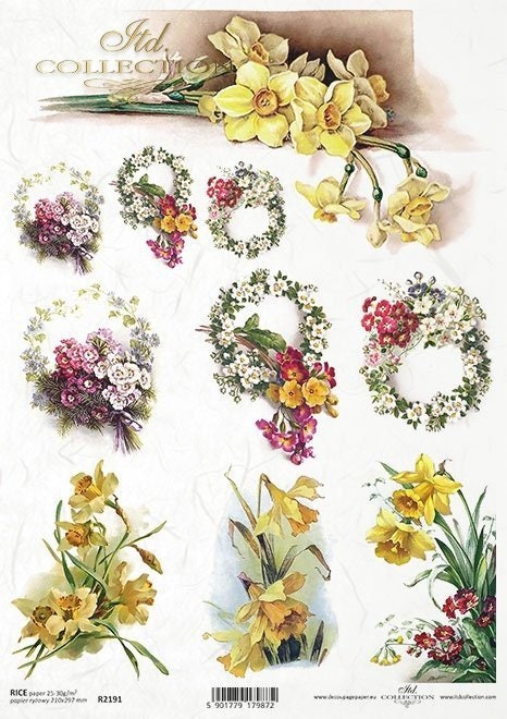 ITD Collection Rice Paper for Decoupage R2191, Size A4 210x297 mm, 8.27x11.7 inch, Spring, Flowers, Wreaths, Daffodils, Roses