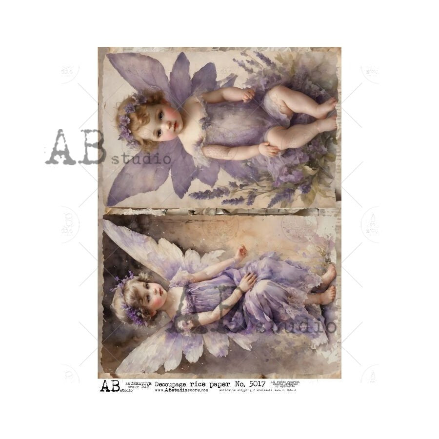 AB Studio, Rice Paper for Decoupage, Vintage, Shabby Chic, Purple Fairies, Squares, Girls, Lavender, ID5017 A4 8.27 x 11.69, Imported Poland