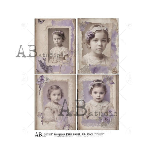 AB Studio, Rice Paper for Decoupage, Vintage, Shabby Chic, Girl Portraits, Squares, Lavender, ID-5003 A4 8.27 x 11.69, Imported Poland