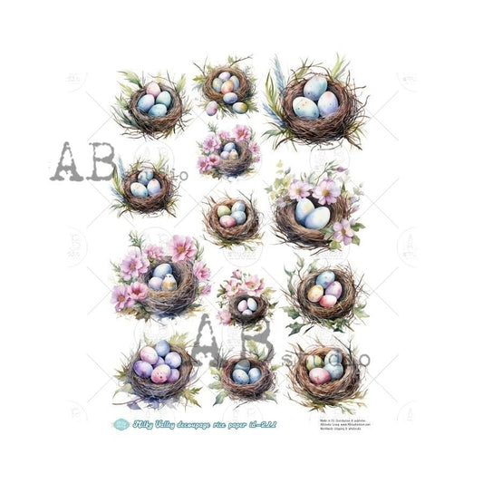 AB Studio, Milky Valley, Rice Paper Decoupage, Easter, Eggs, Nests, Rounds, Ornaments, Mixed Media, ID-211 A4 8.27 x 11.69, Imported Poland