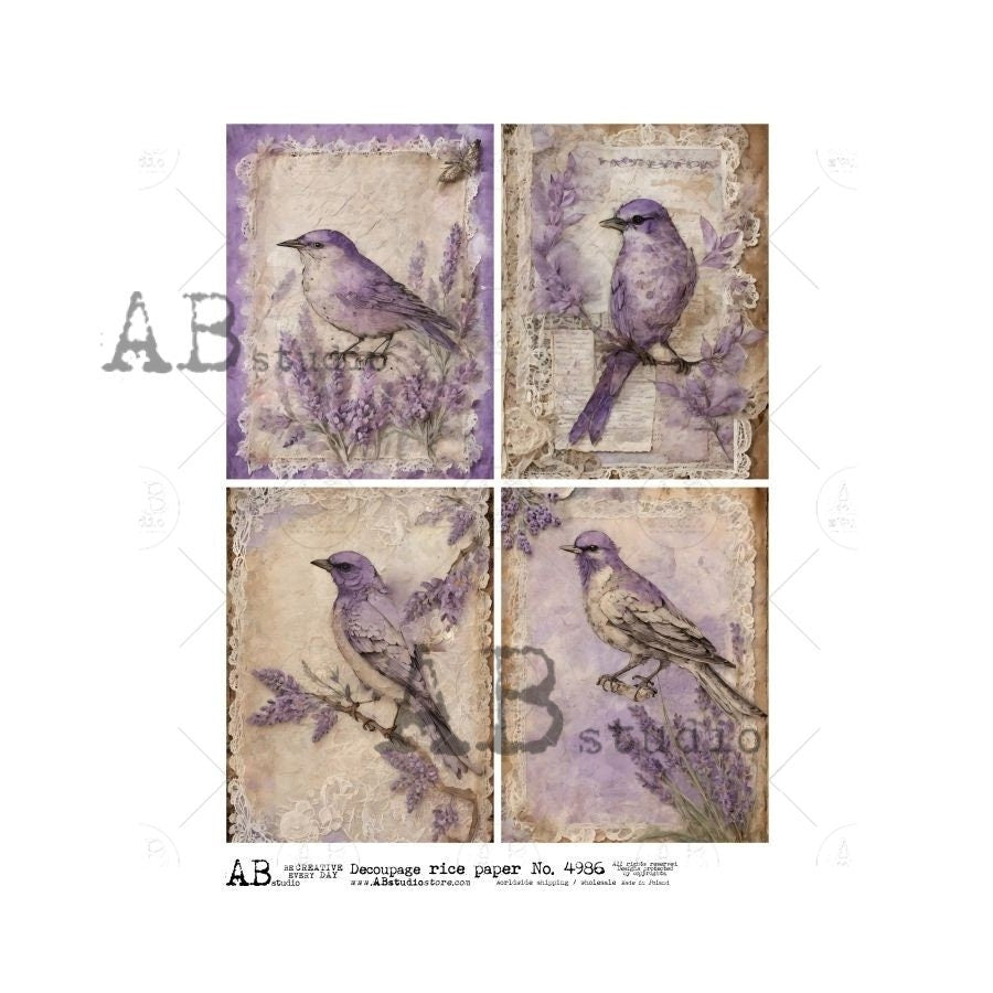 AB Studio, Rice Paper for Decoupage, Vintage, Shabby Chic, Birds, Antique Style, Lace Lavender, ID-4986 A4 8.27 x 11.69, Imported Poland