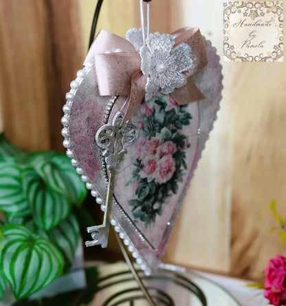 Handcrafted, Shabby Chic, Valentine, Roses, Heart Ornament, Pink Roses, Decoupage MDF, Love Heart Ornament, Gift, Heart Decoupage Ornament Handmade by Pamela
