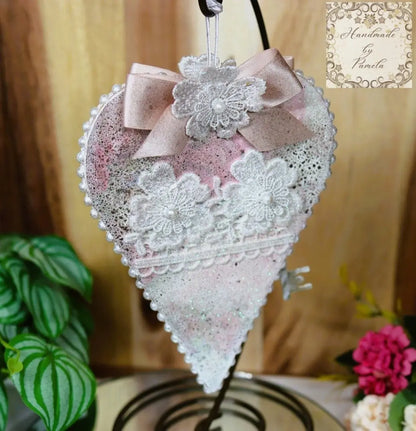 Handcrafted, Shabby Chic, Valentine, Roses, Heart Ornament, Pink Roses, Decoupage MDF, Love Heart Ornament, Gift, Heart Decoupage Ornament Handmade by Pamela