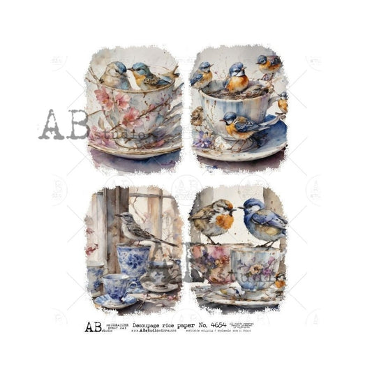 AB Studio, Rice Paper, Decoupage, Spring, Easter, Tea Cups, Birds, Flowers, Squares, ID4654 A4 8.27 x 11.69, Imported Poland