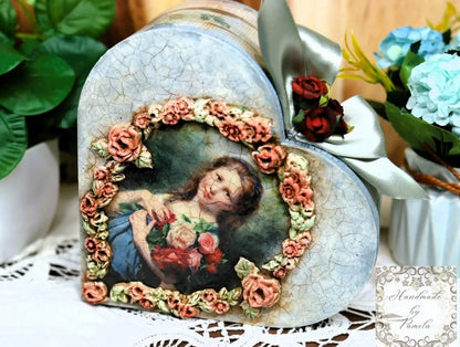 Handcrafted, Decoupage, Heart Box, Shabby Chic, Vintage Style, Mixed Media, Decoupage, MDF Box, Girl Portrait, Pink Roses, Antique Style Handmade by Pamela