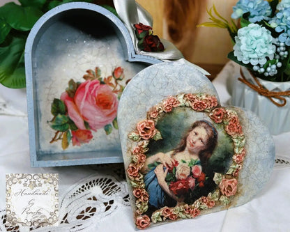 Handcrafted, Decoupage, Heart Box, Shabby Chic, Vintage Style, Mixed Media, Decoupage, MDF Box, Girl Portrait, Pink Roses, Antique Style Handmade by Pamela