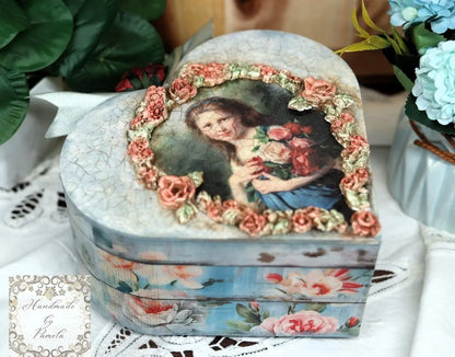 Handcrafted, Decoupage, Heart Box, Shabby Chic, Vintage Style, Mixed Media, Decoupage, MDF Box, Girl Portrait, Pink Roses, Antique Style Handmade by Pamela