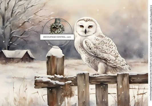 Decoupage Central, Winter, Snowy, White Owl, Fence, Country Style, Barn, DC213, Rice Paper, Decoupage, Mixed Media, A4 8.27x11.69