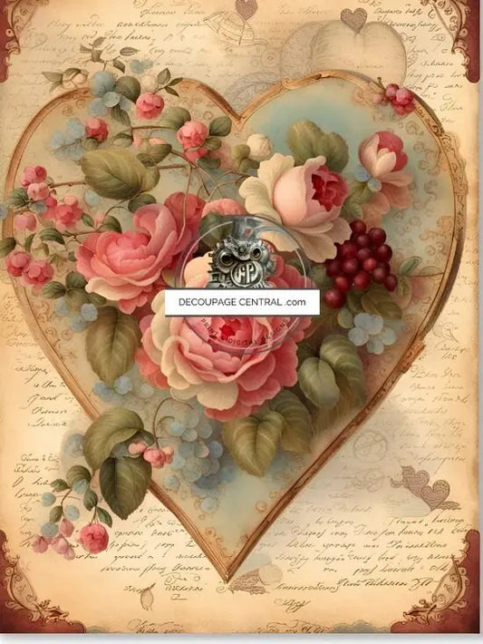 Decoupage Central, Victorian, Vintage, Heart, Roses, Shabby Chic, Valentine, DC220, Rice Paper, Decoupage, Mixed Media, A4 8.27x11.69 in Decoupage Central