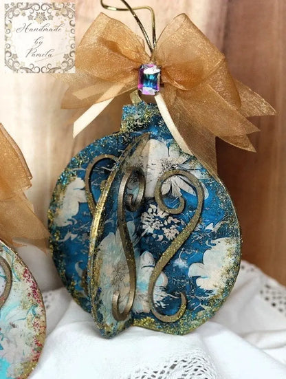 Handcrafted, Shabby Chic, Mixed Media, Decoupage 3D Ornament, Christmas, MDF, Gold, Glitter, Blue, Mixed Media, Baubles, 3 Dimensional Handmade by Pamela