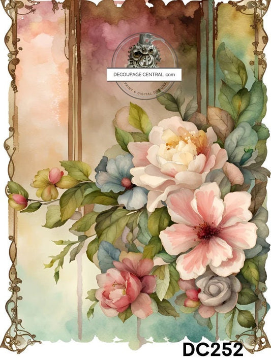 Decoupage Central, Rice Paper, Vintage, Spring, Floral, Wallpaper, Watercolor, Flowers,  Shabby Chic, DC252,  Mixed Media, A4 8.27x11.69