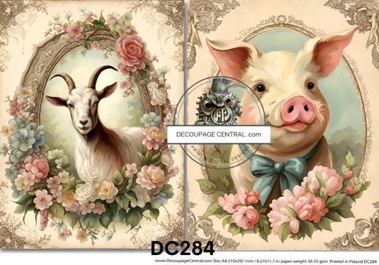 Decoupage Central, Pig, Goat, Roses, Floral, Framed, Country, Shabby chic, DC284, Rice Paper, Decoupage, Mixed Media, A4 - 8.27 X 11.69 in