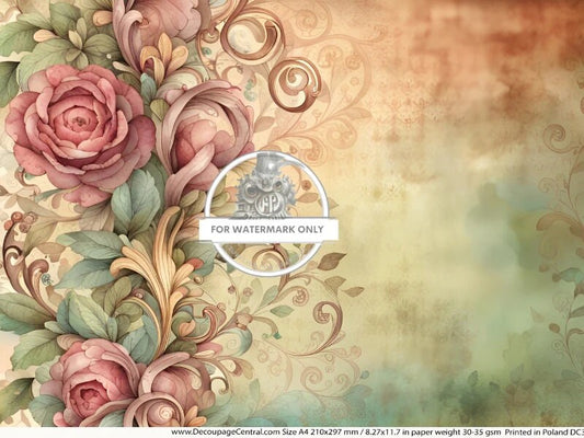 Decoupage Central, Rice Paper, Vintage, Spring, Floral, Wallpaper, Watercolor, Flowers,  Shabby Chic, DC313,  Mixed Media, A4 8.27x11.69