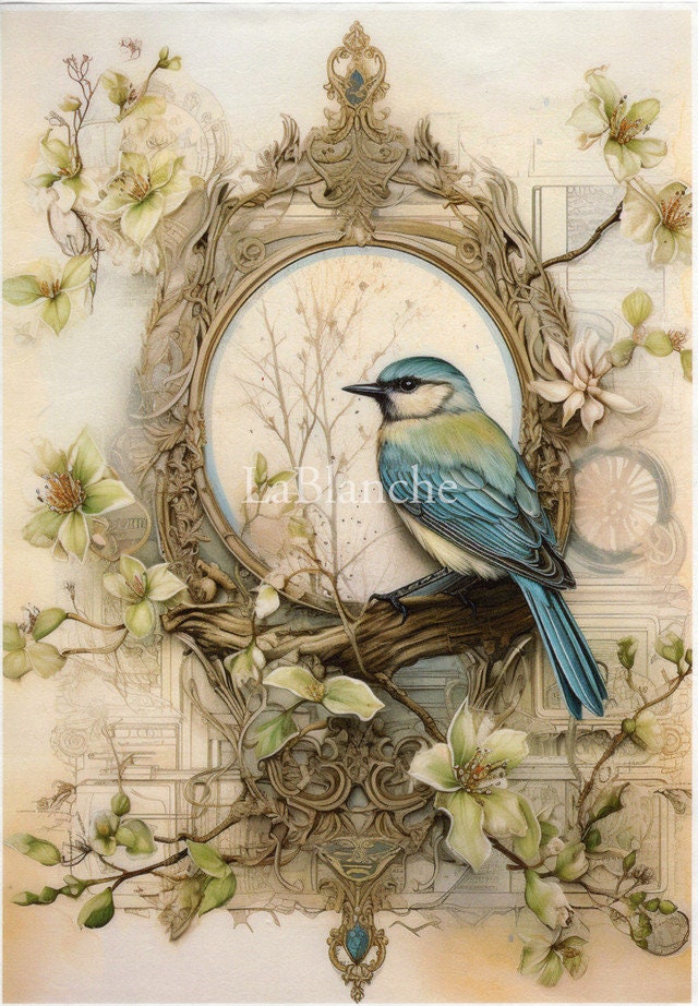 LaBlanche, 2024 Spring Release, Rice Paper, Beautiful, Blue Bird, Frame, Spring Shabby Chic, Squares, Lmt Ed LBD344 A4 8.27 X 11.69 in